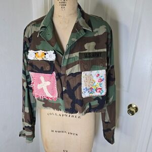 Upcycled army jacket embroidered deer, vintage linens‎ and lace OS